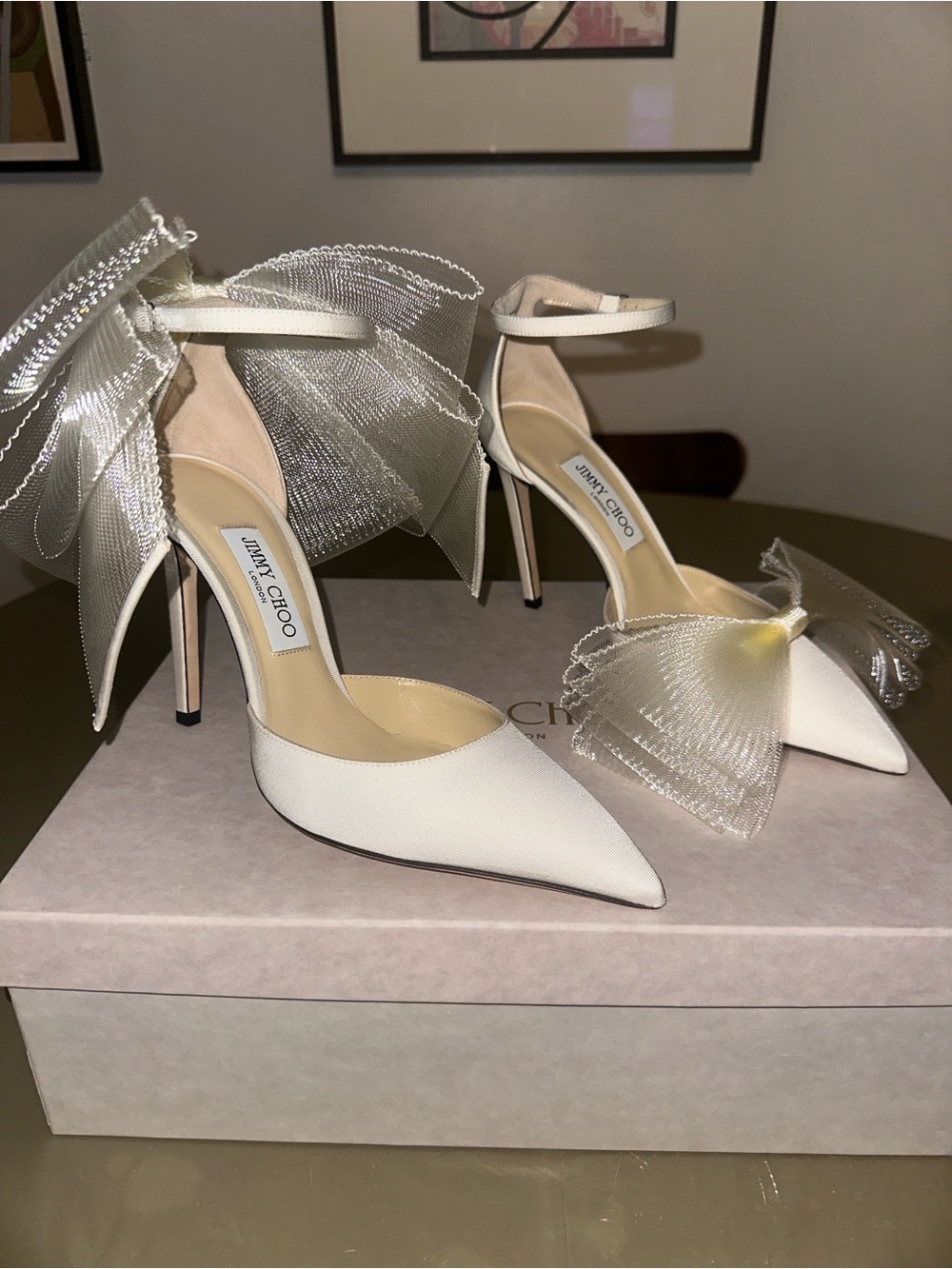 Jimmy Choo Averly 100 Latte Pointed-Toe Ankle Strap Heels with Bow *Brand New*